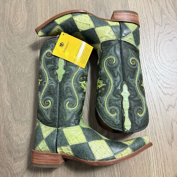 El General Boots Men 7.5 Green Exotic Leather Diamond Patchwork - Picture 2 of 12